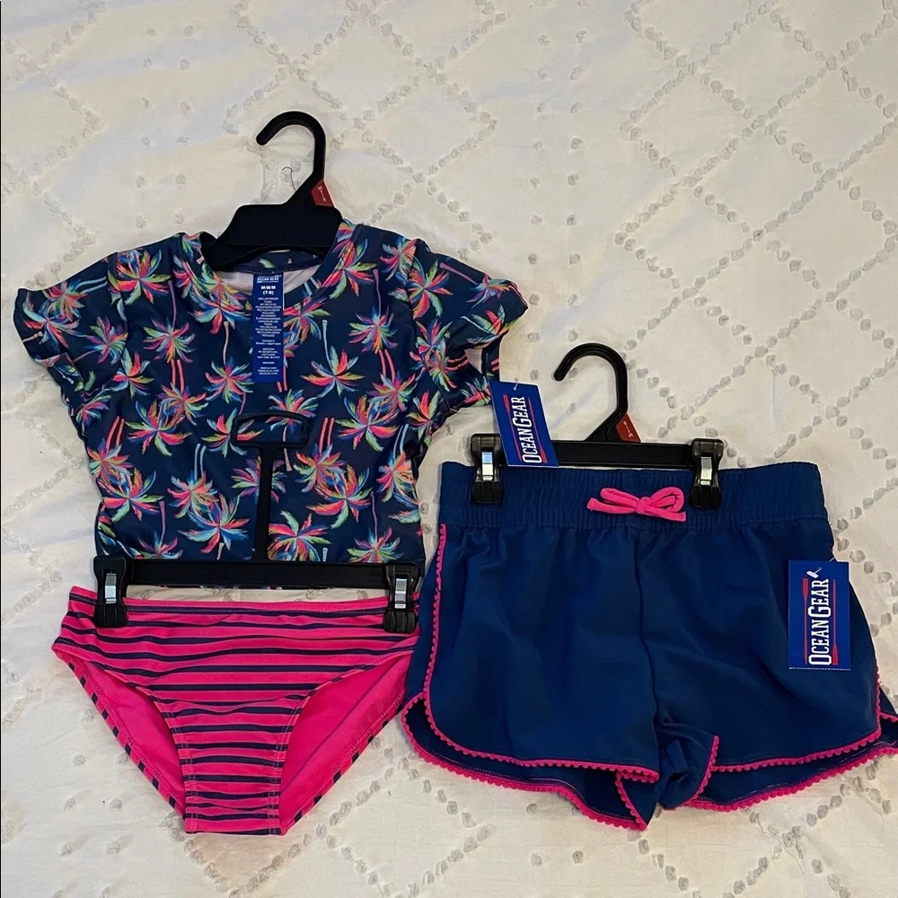 Tropical Kids Bikini Set - Navy and Pink shirt, shorts, bottoms, NWT